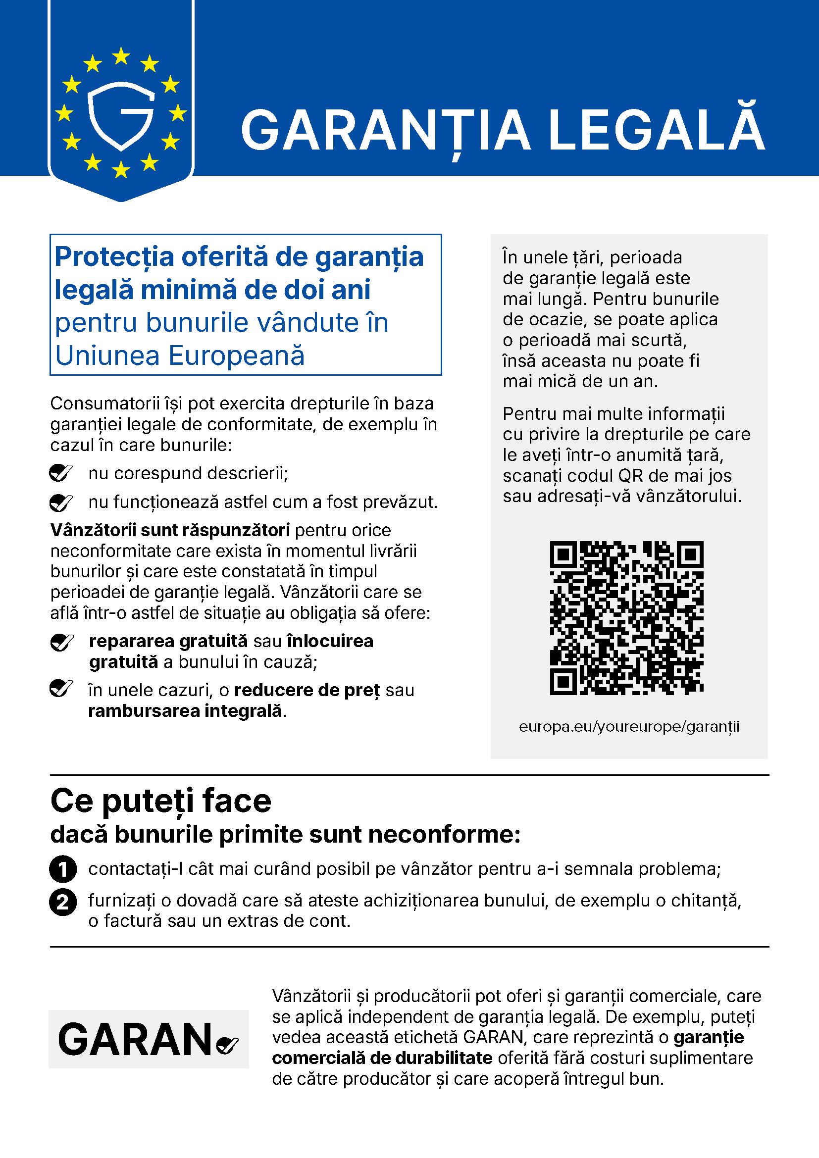 Garanția legală: notificarea armonizată a Uniunii Europene, cu cod QR spre portalul „Europa ta”. Textul integral e mai jos.