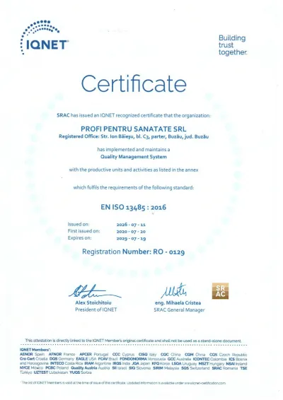 IQNet · ISO 13485:2016. Emis la 11.07.2026. Termen înscris: 19.07.2029. Se citește împreună cu certificatul SRAC.