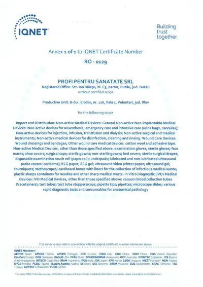 IQNet · Anexa ISO 13485. Anexa certificatului RO-0129: punct de lucru și domeniu de activitate.