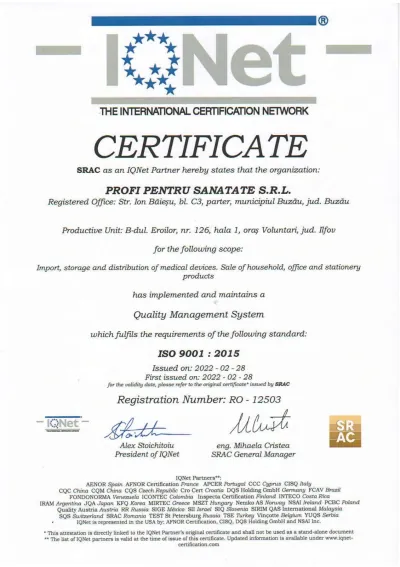 IQNet · ISO 9001:2015. Emis la 28.02.2022. Valabilitatea trimite la certificatul SRAC, cu termen 27.02.2025.