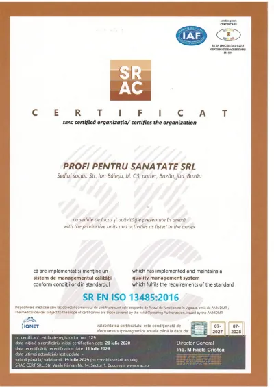 SRAC · ISO 13485:2016. Recertificat la 11.07.2026. Termen înscris: 19.07.2029, condiționat de supravegherea anuală.