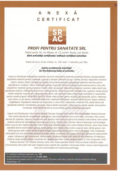 SRAC · Anexa ISO 13485. Anexă emisă la 11.07.2026, pagina 1/2 publicată de companie. Valabilă împreună cu certificatul nr. 129.