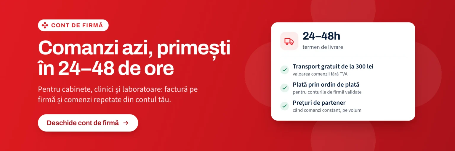 Cont de firmă: comanzi azi, primești în 24–48 de ore. Transport gratuit de la 300 lei fără TVA, plată prin ordin de plată, prețuri de partener. Deschide cont de firmă